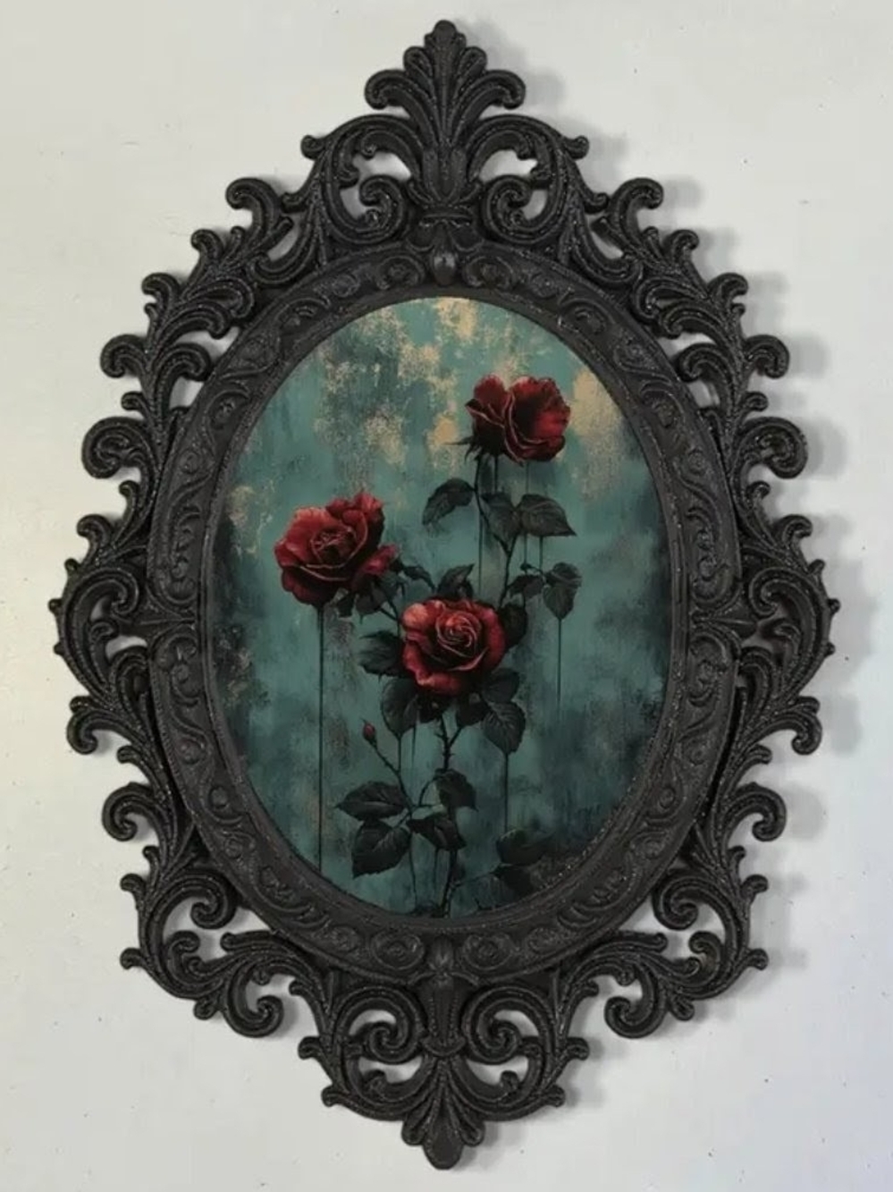 Vintage-Style Black Plastic Framed Red Rose Wall Art